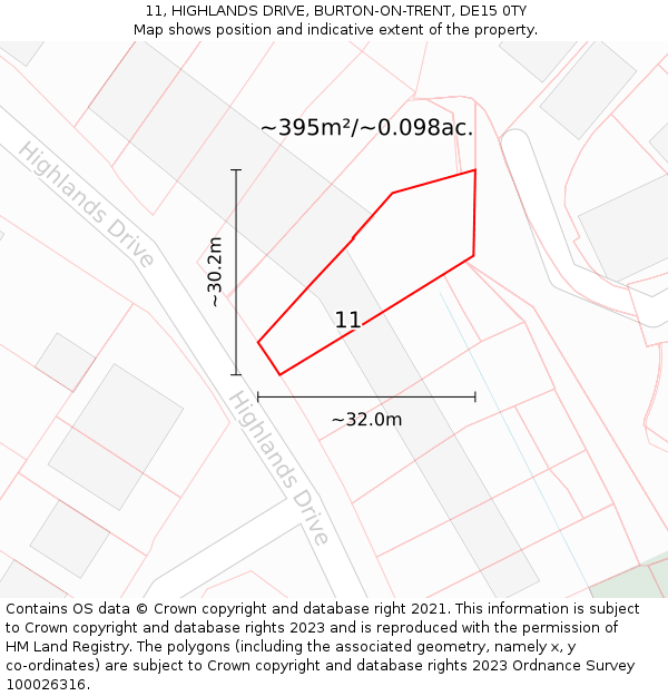 11, HIGHLANDS DRIVE, BURTON-ON-TRENT, DE15 0TY: Plot and title map