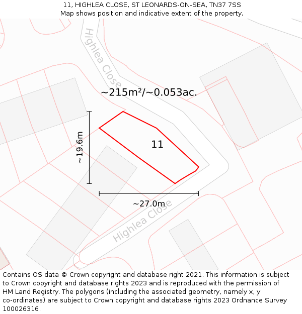 11, HIGHLEA CLOSE, ST LEONARDS-ON-SEA, TN37 7SS: Plot and title map