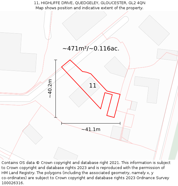 11, HIGHLIFFE DRIVE, QUEDGELEY, GLOUCESTER, GL2 4QN: Plot and title map