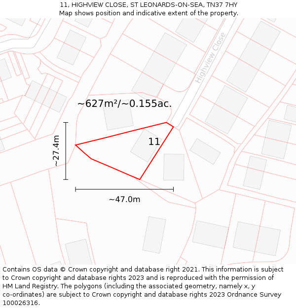 11, HIGHVIEW CLOSE, ST LEONARDS-ON-SEA, TN37 7HY: Plot and title map