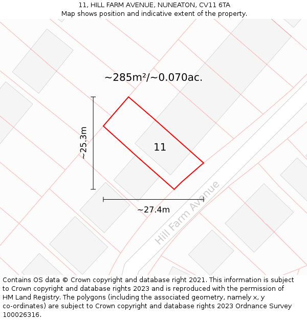 11, HILL FARM AVENUE, NUNEATON, CV11 6TA: Plot and title map