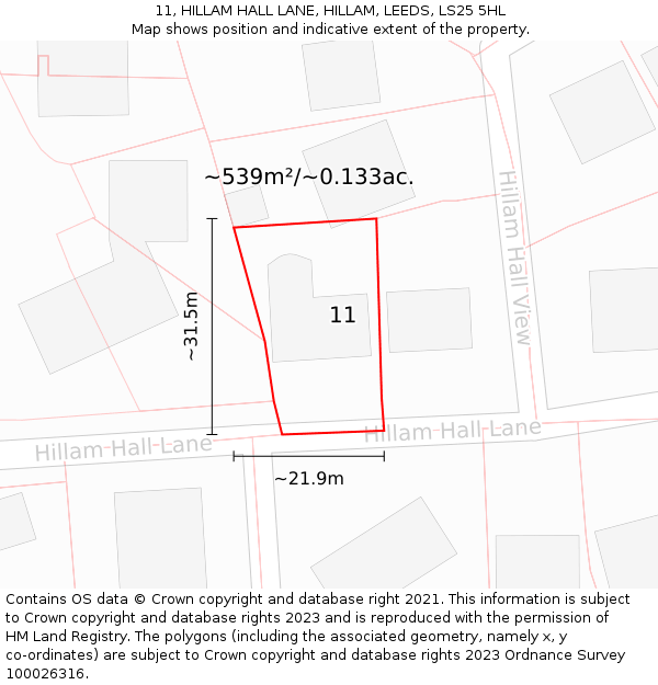 11, HILLAM HALL LANE, HILLAM, LEEDS, LS25 5HL: Plot and title map