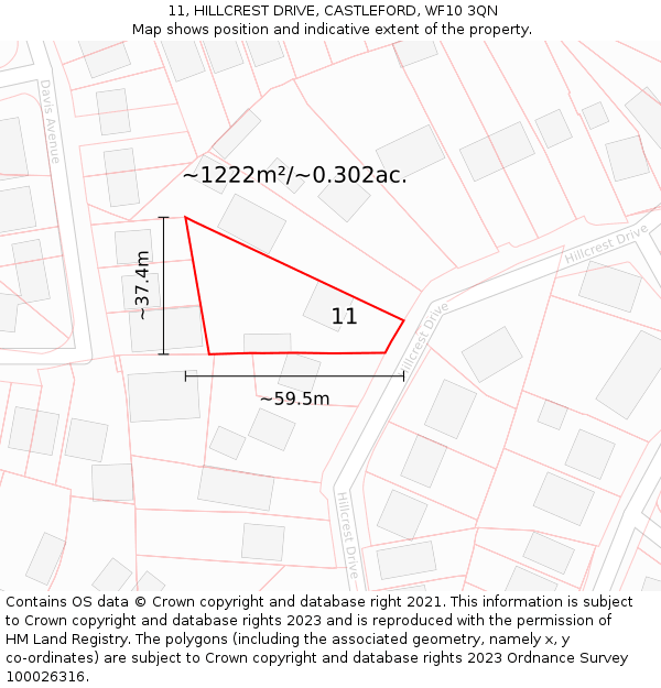 11, HILLCREST DRIVE, CASTLEFORD, WF10 3QN: Plot and title map