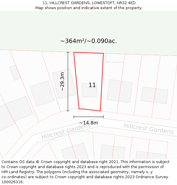 11, HILLCREST GARDENS, LOWESTOFT, NR32 4ED: Plot and title map
