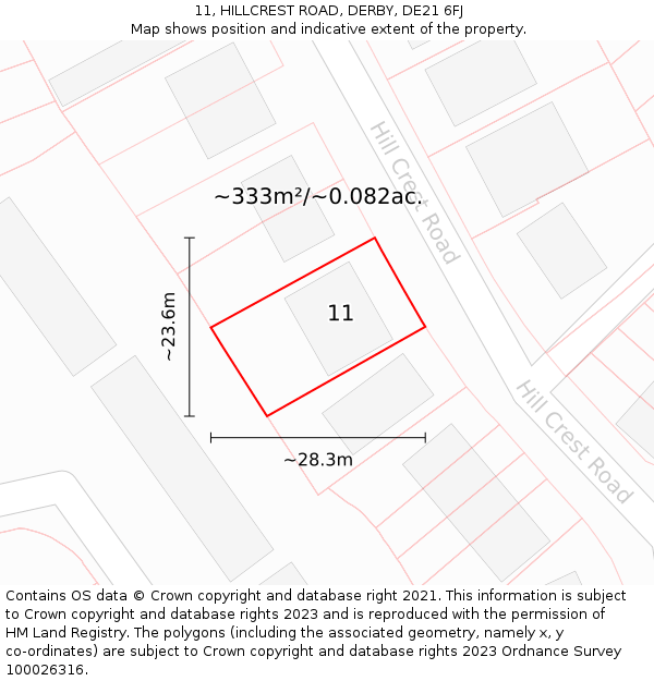 11, HILLCREST ROAD, DERBY, DE21 6FJ: Plot and title map