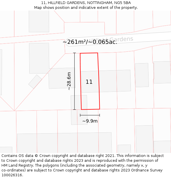 11, HILLFIELD GARDENS, NOTTINGHAM, NG5 5BA: Plot and title map