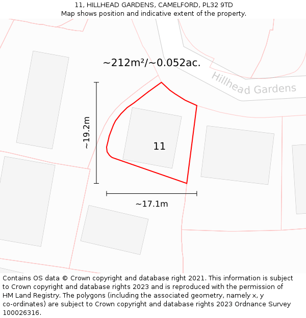 11, HILLHEAD GARDENS, CAMELFORD, PL32 9TD: Plot and title map