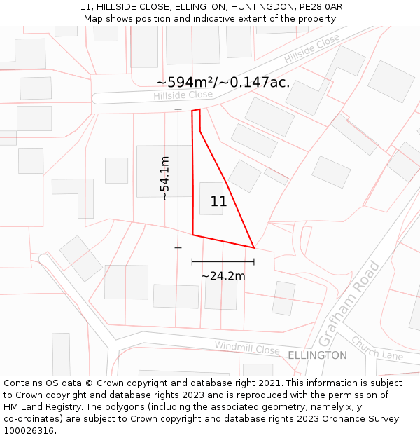 11, HILLSIDE CLOSE, ELLINGTON, HUNTINGDON, PE28 0AR: Plot and title map