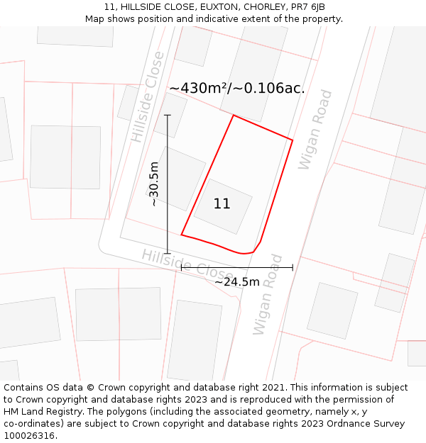11, HILLSIDE CLOSE, EUXTON, CHORLEY, PR7 6JB: Plot and title map