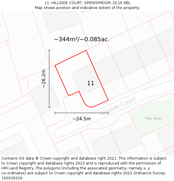 11, HILLSIDE COURT, SPENNYMOOR, DL16 6BL: Plot and title map