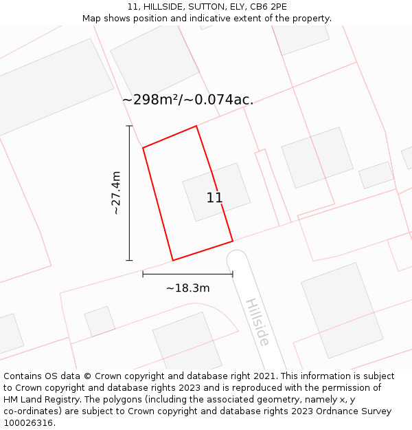 11, HILLSIDE, SUTTON, ELY, CB6 2PE: Plot and title map