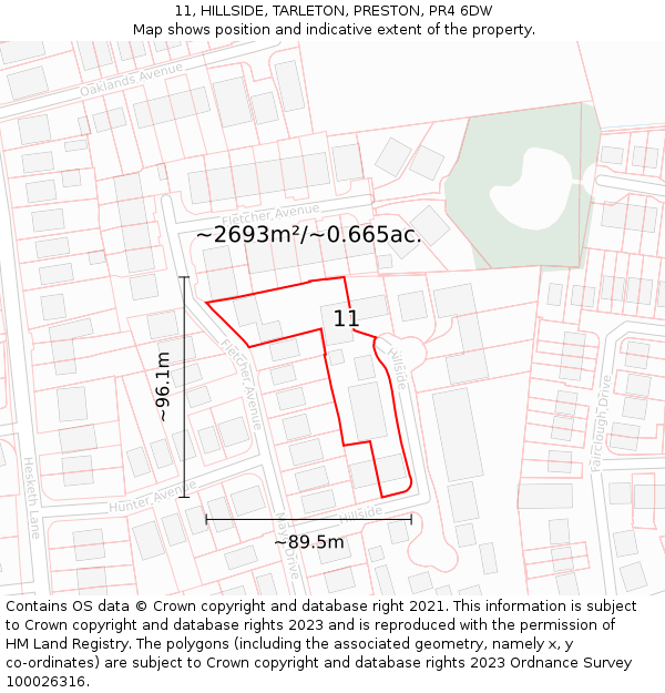 11, HILLSIDE, TARLETON, PRESTON, PR4 6DW: Plot and title map