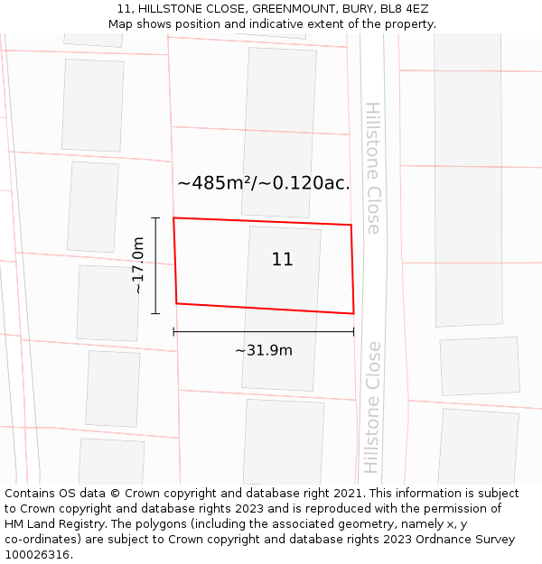 11, HILLSTONE CLOSE, GREENMOUNT, BURY, BL8 4EZ: Plot and title map
