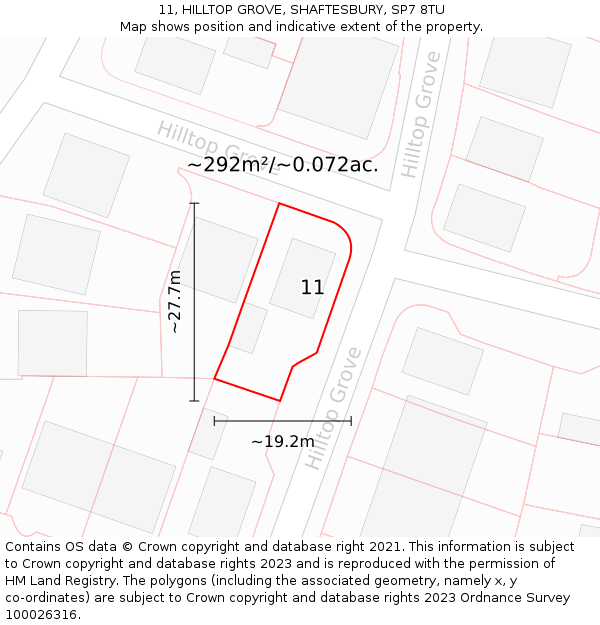 11, HILLTOP GROVE, SHAFTESBURY, SP7 8TU: Plot and title map