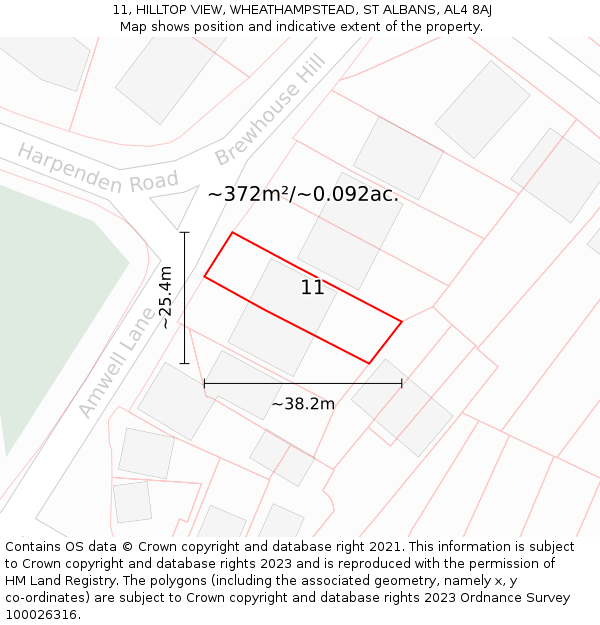 11, HILLTOP VIEW, WHEATHAMPSTEAD, ST ALBANS, AL4 8AJ: Plot and title map