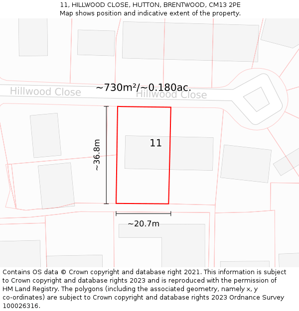 11, HILLWOOD CLOSE, HUTTON, BRENTWOOD, CM13 2PE: Plot and title map