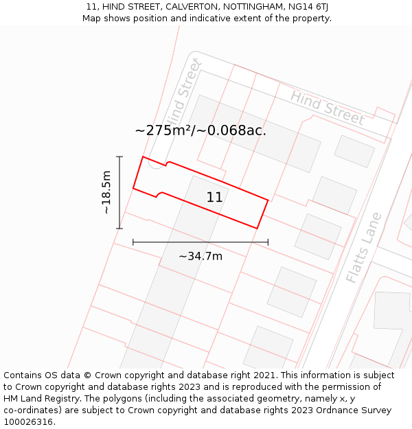 11, HIND STREET, CALVERTON, NOTTINGHAM, NG14 6TJ: Plot and title map
