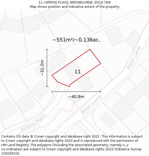 11, HIPKINS PLACE, BROXBOURNE, EN10 7EW: Plot and title map