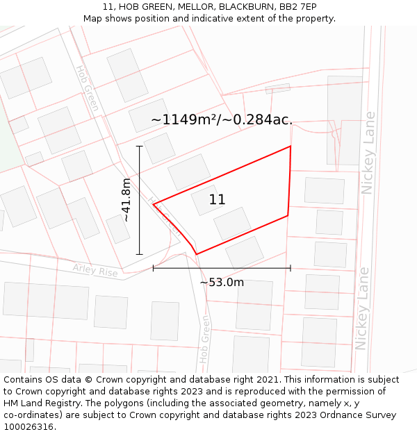 11, HOB GREEN, MELLOR, BLACKBURN, BB2 7EP: Plot and title map