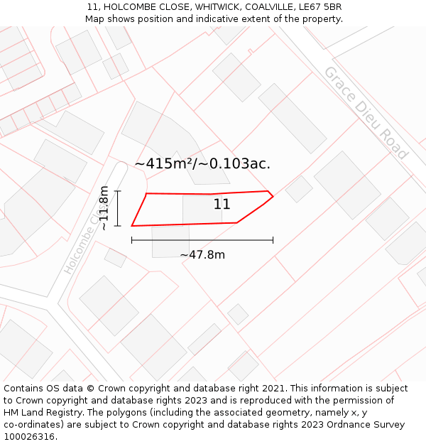 11, HOLCOMBE CLOSE, WHITWICK, COALVILLE, LE67 5BR: Plot and title map