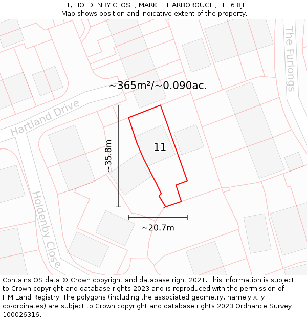 11, HOLDENBY CLOSE, MARKET HARBOROUGH, LE16 8JE: Plot and title map
