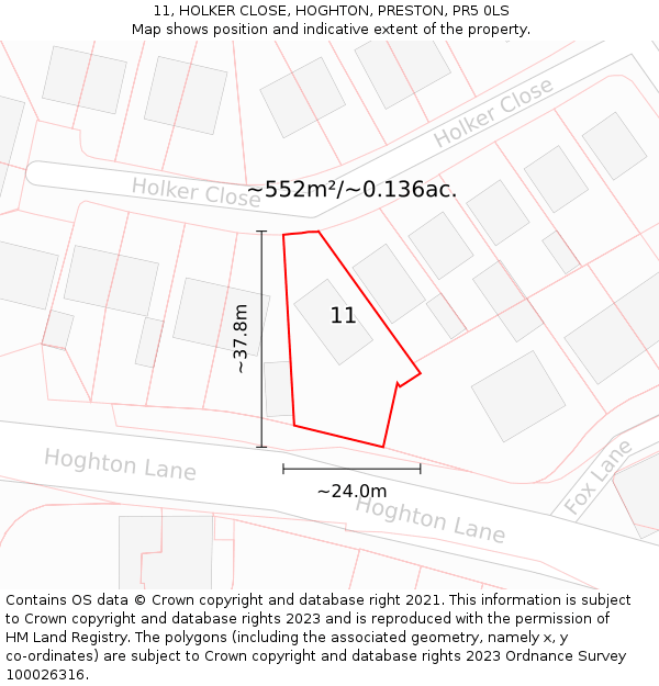 11, HOLKER CLOSE, HOGHTON, PRESTON, PR5 0LS: Plot and title map