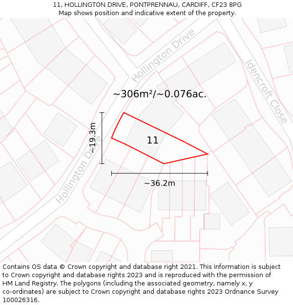 11, HOLLINGTON DRIVE, PONTPRENNAU, CARDIFF, CF23 8PG: Plot and title map