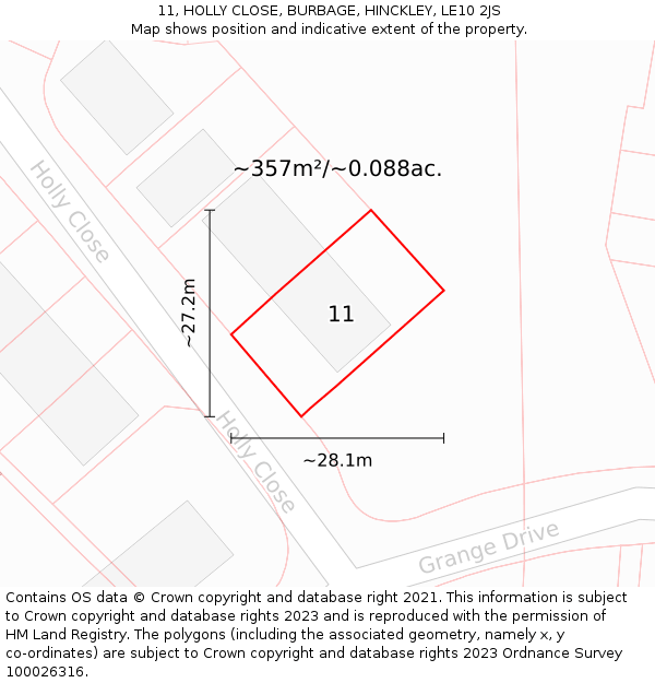 11, HOLLY CLOSE, BURBAGE, HINCKLEY, LE10 2JS: Plot and title map