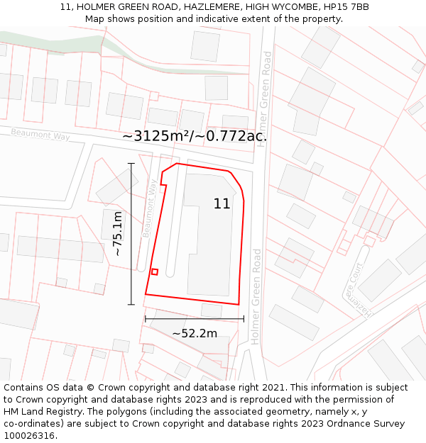 11, HOLMER GREEN ROAD, HAZLEMERE, HIGH WYCOMBE, HP15 7BB: Plot and title map