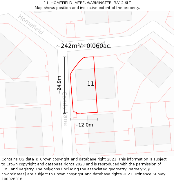 11, HOMEFIELD, MERE, WARMINSTER, BA12 6LT: Plot and title map