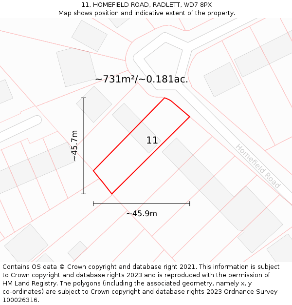 11, HOMEFIELD ROAD, RADLETT, WD7 8PX: Plot and title map
