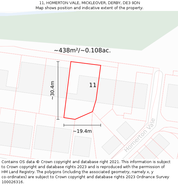 11, HOMERTON VALE, MICKLEOVER, DERBY, DE3 9DN: Plot and title map