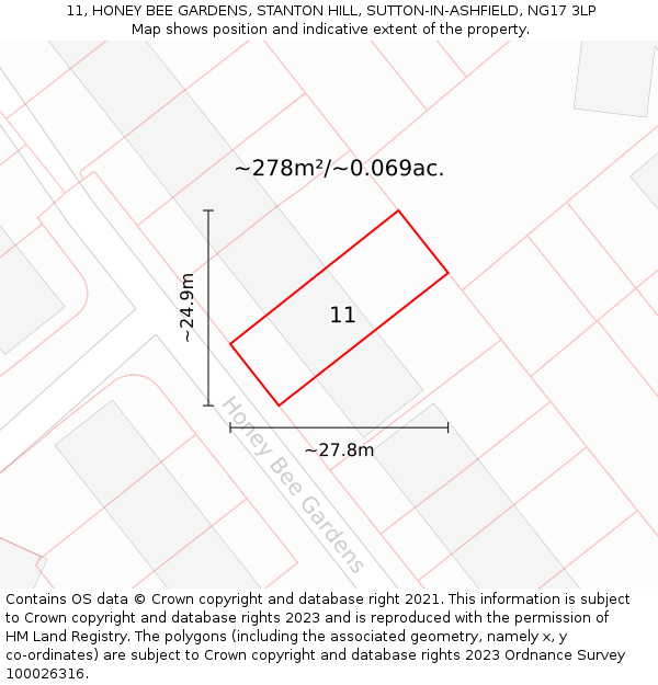 11, HONEY BEE GARDENS, STANTON HILL, SUTTON-IN-ASHFIELD, NG17 3LP: Plot and title map