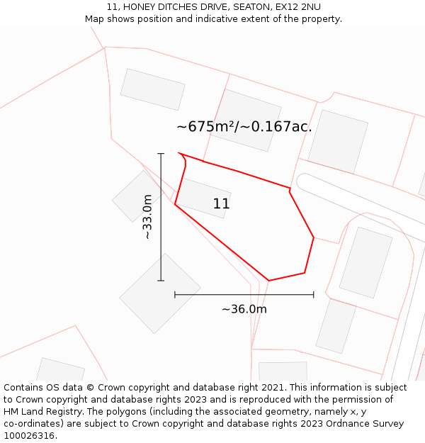 11, HONEY DITCHES DRIVE, SEATON, EX12 2NU: Plot and title map