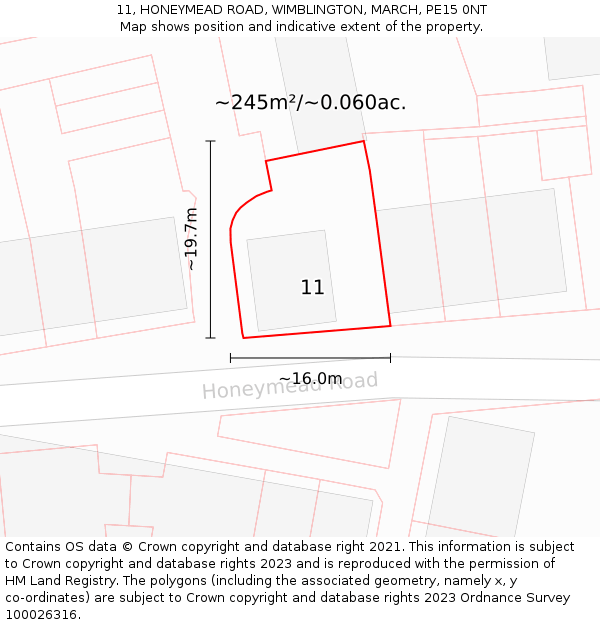 11, HONEYMEAD ROAD, WIMBLINGTON, MARCH, PE15 0NT: Plot and title map