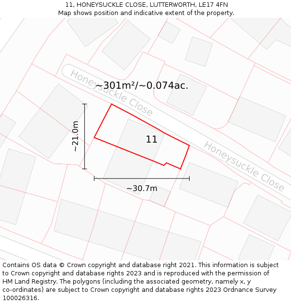 11, HONEYSUCKLE CLOSE, LUTTERWORTH, LE17 4FN: Plot and title map
