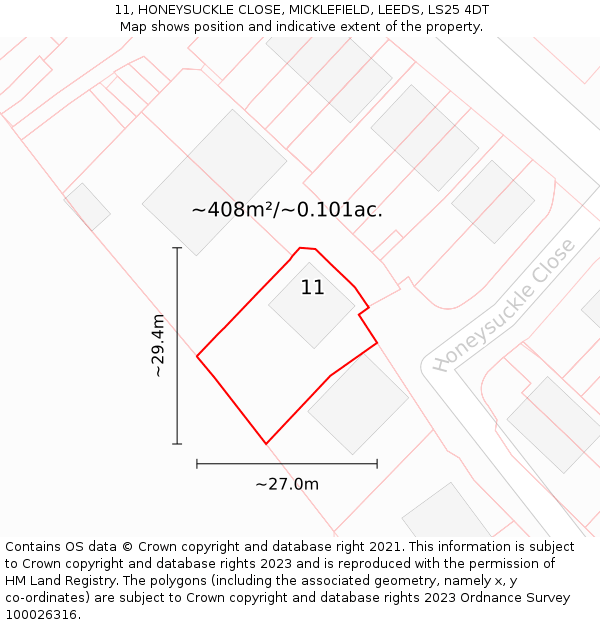11, HONEYSUCKLE CLOSE, MICKLEFIELD, LEEDS, LS25 4DT: Plot and title map