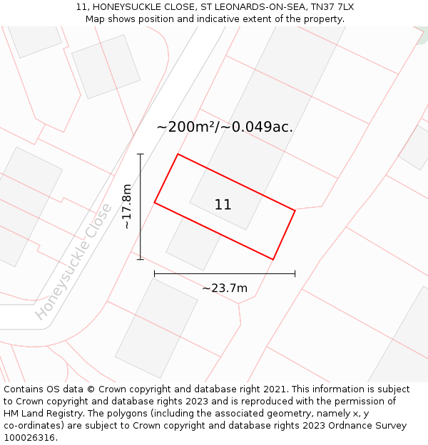 11, HONEYSUCKLE CLOSE, ST LEONARDS-ON-SEA, TN37 7LX: Plot and title map