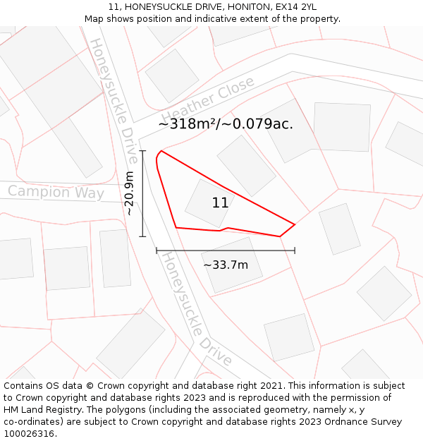 11, HONEYSUCKLE DRIVE, HONITON, EX14 2YL: Plot and title map
