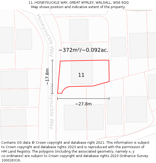 11, HONEYSUCKLE WAY, GREAT WYRLEY, WALSALL, WS6 6QQ: Plot and title map