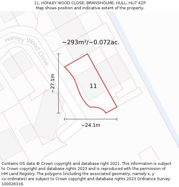 11, HONLEY WOOD CLOSE, BRANSHOLME, HULL, HU7 4ZP: Plot and title map