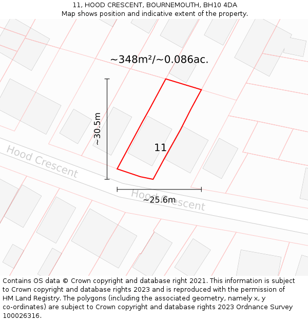 11, HOOD CRESCENT, BOURNEMOUTH, BH10 4DA: Plot and title map