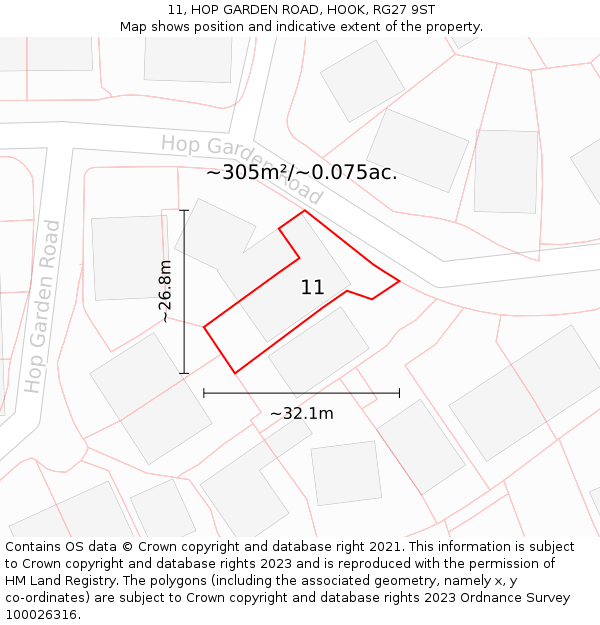 11, HOP GARDEN ROAD, HOOK, RG27 9ST: Plot and title map