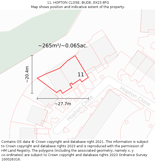 11, HOPTON CLOSE, BUDE, EX23 8FG: Plot and title map