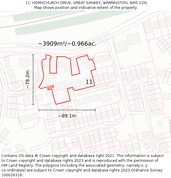 11, HORNCHURCH DRIVE, GREAT SANKEY, WARRINGTON, WA5 1ZN: Plot and title map