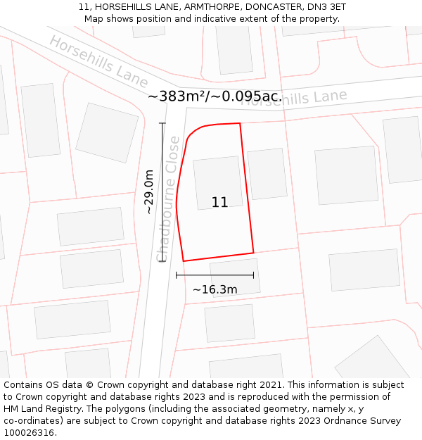 11, HORSEHILLS LANE, ARMTHORPE, DONCASTER, DN3 3ET: Plot and title map