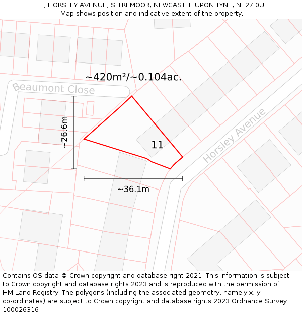 11, HORSLEY AVENUE, SHIREMOOR, NEWCASTLE UPON TYNE, NE27 0UF: Plot and title map