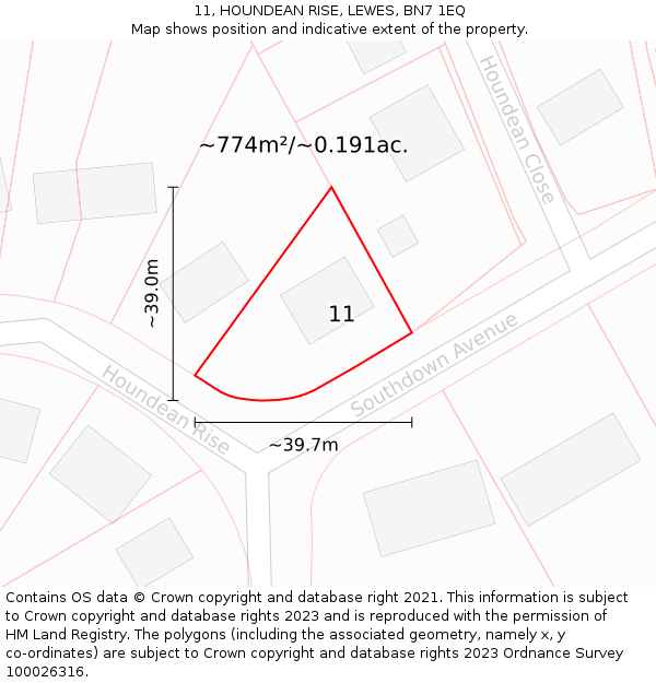 11, HOUNDEAN RISE, LEWES, BN7 1EQ: Plot and title map
