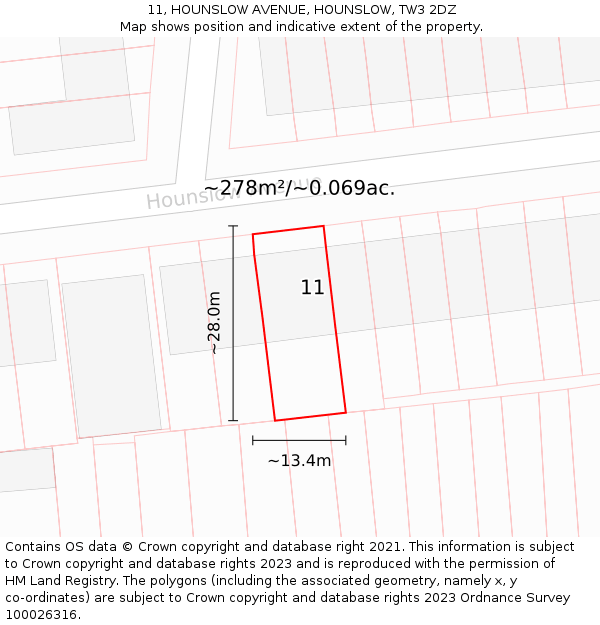 11, HOUNSLOW AVENUE, HOUNSLOW, TW3 2DZ: Plot and title map