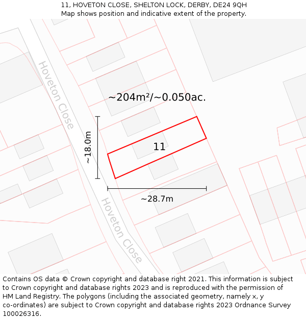 11, HOVETON CLOSE, SHELTON LOCK, DERBY, DE24 9QH: Plot and title map